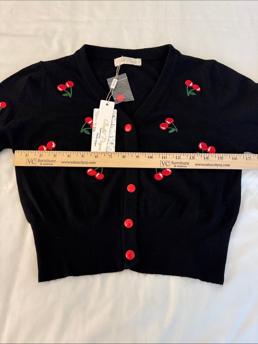Belle Poque Black Cherry-Embroidered V-Neck Cardigan Sweater Sz Small NWT - Picture 5 of 7